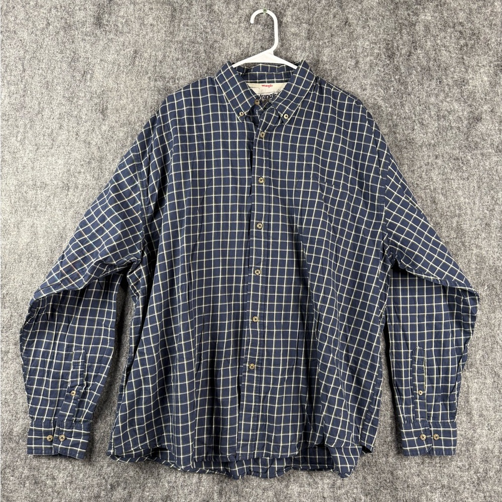 Wrangler Hero Men’s Button-Up Shirt 2XL Navy Blue Checkered Long Sleeve Cotton